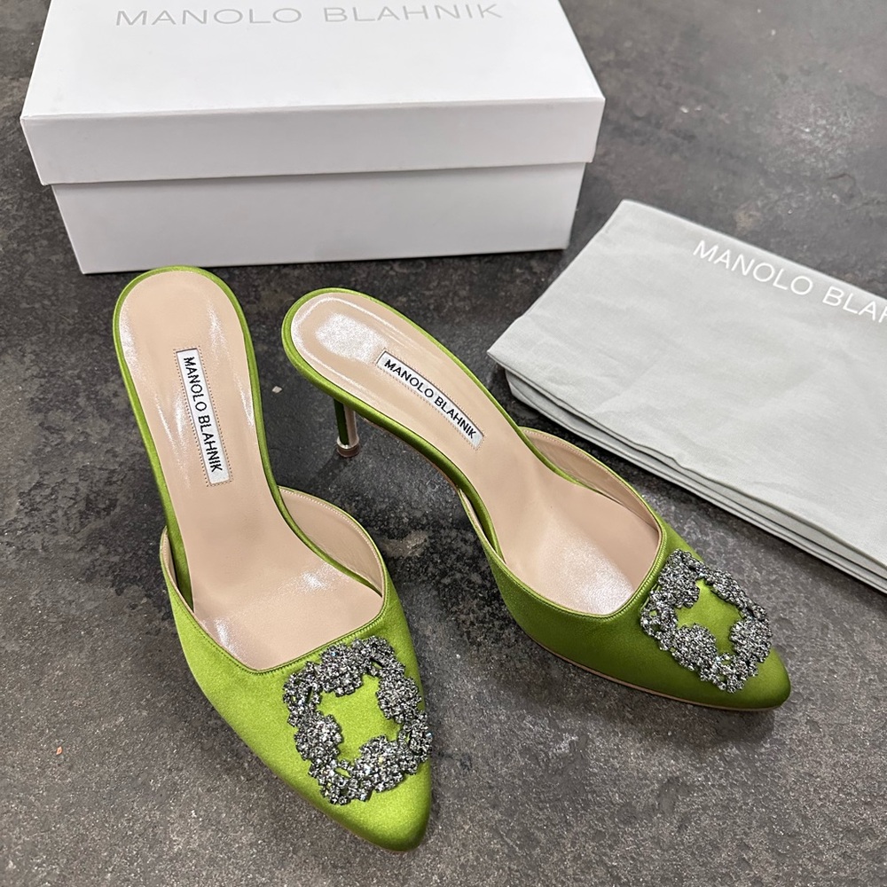 Manolo Blahnik Satin Hangisimu 70 Mule Heels Green Satin - Picture 2 of 13